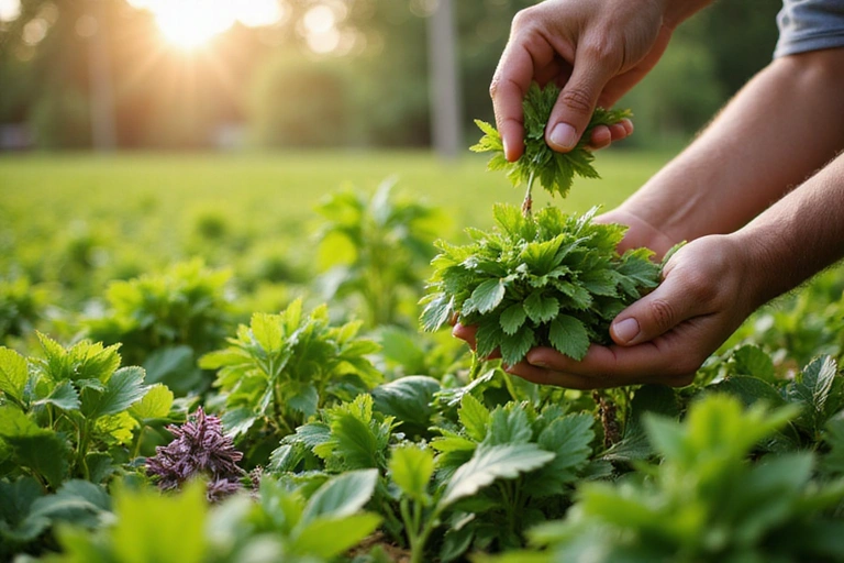 A vibrant image of ethically sourced organic ingredients being harvested by hand in a lush, green field under natural sunlight. No text, no letters, no inscriptions.