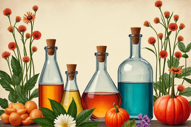 A collage of historical scientific illustrations mixed with modern natural ingredients, representing Venyora's journey from traditional knowledge to modern innovation. No text, no letters, no inscriptions.