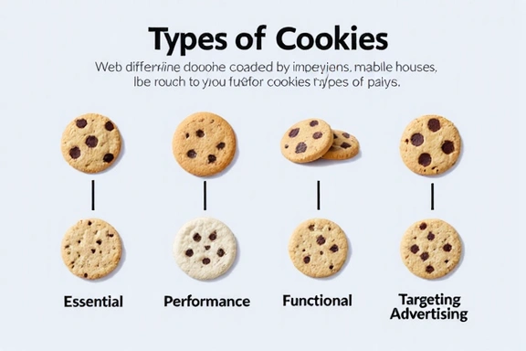 Different types of cookies like essential, analytics, and advertising cookies