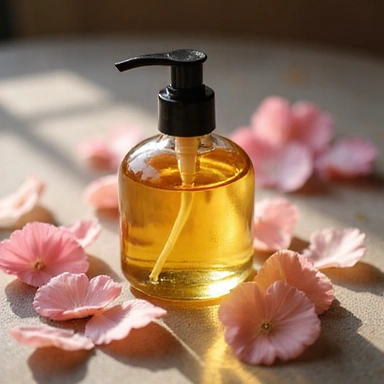 Bottle of nourishing body oil with delicate flower petals floating inside or around it.