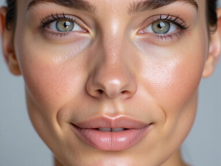 Close-up of a perfectly smooth, radiant face with a dewy glow, showcasing healthy and beautiful skin.