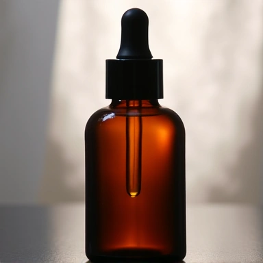 Retinol serum in a dark, amber-colored bottle, suggesting stability and potency.